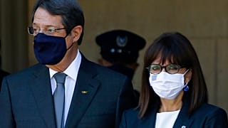 Cyprus' President Nicos Anastasiades, left, and Greece's President Katerina Sakellaropoulou