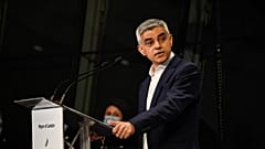 Re-elected Mayor of London Sadiq Khan holds a speech after the result declaration at City Hall, in London, Saturday, May 8, 2021.