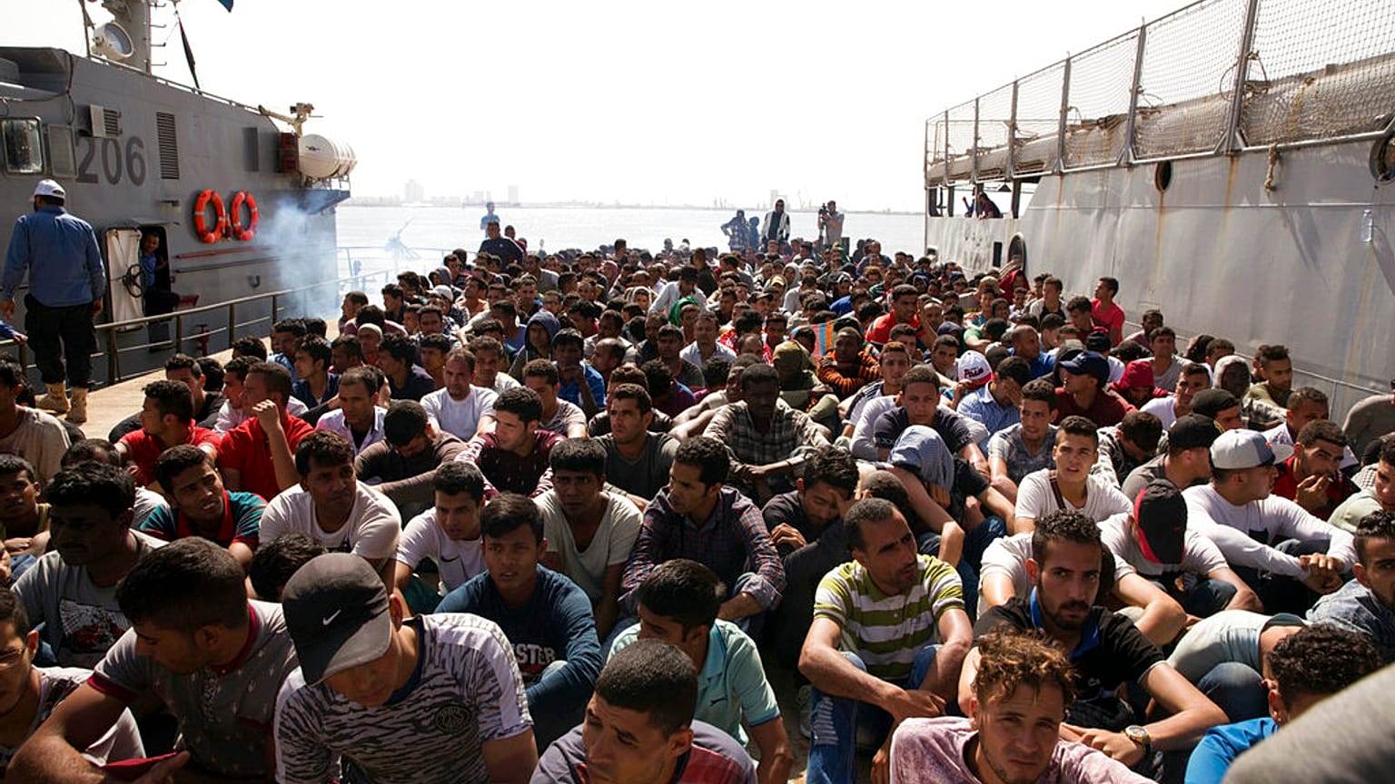 Migrants being detained at Abosetta base in Tripoli, Libya (May 2017)