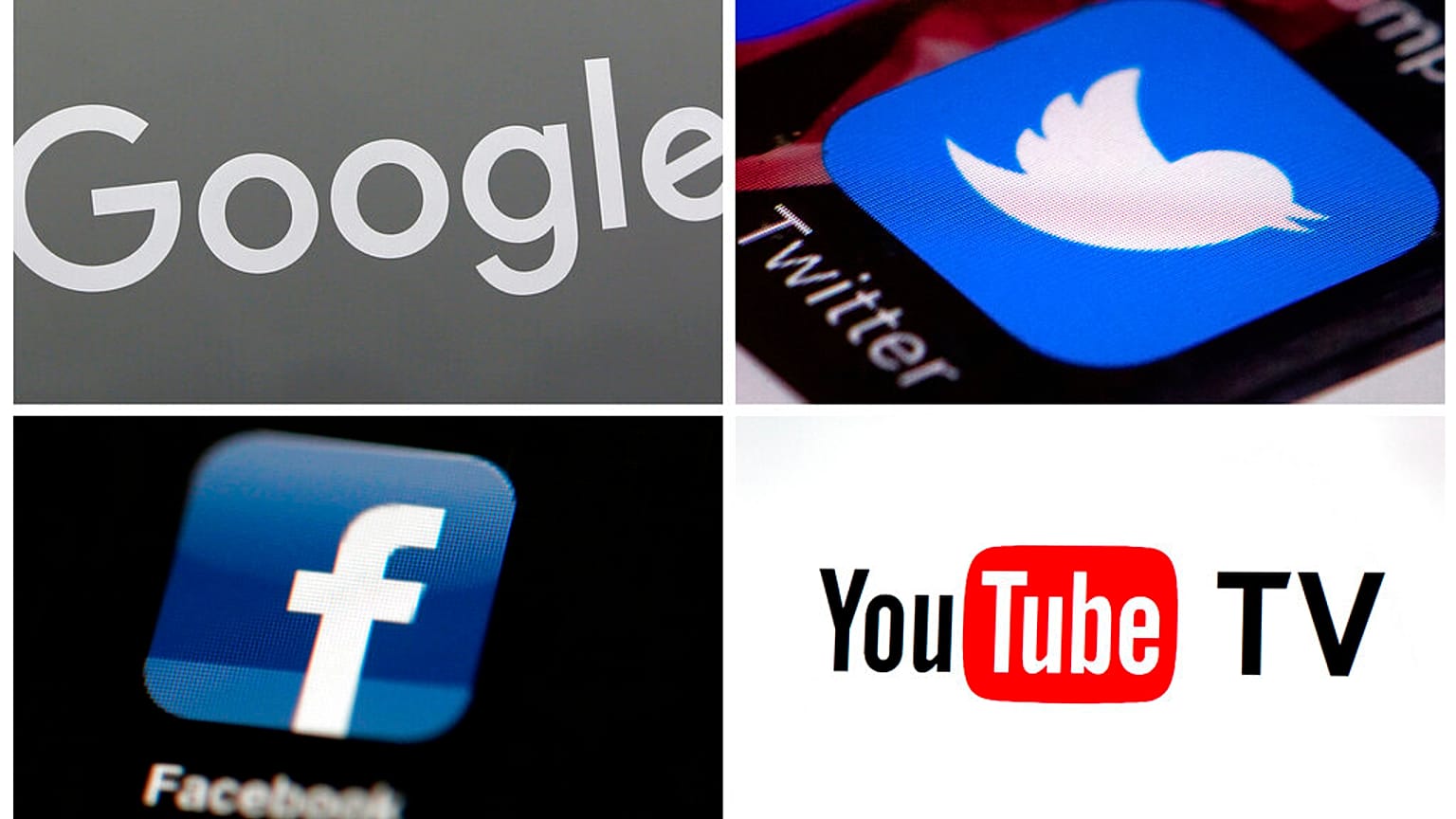 This photo combo of images shows, clockwise, from upper left: a Google sign, the Twitter app, YouTube TV logo and the Facebook app.
