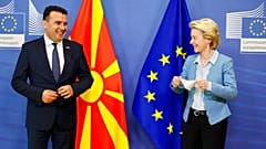 European Commission President Ursula von der Leyen and North Macedonia's Prime Minister Zoran Zaev pose for photographers at EU headquarters in Brussels