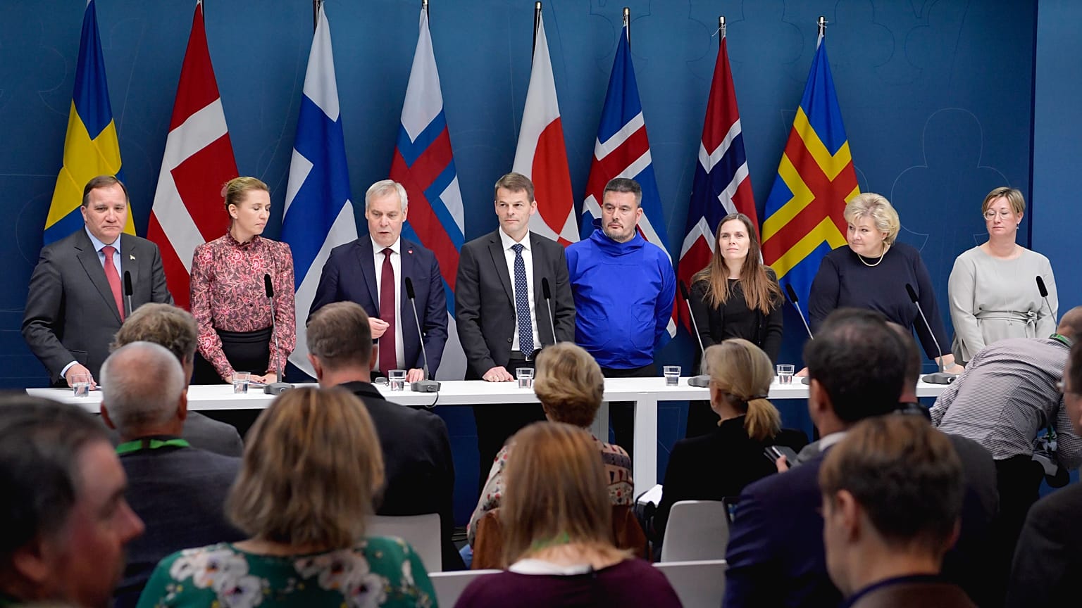 Members of the Nordic Council speak at a press conference after a 2019 Session at the Swedish Government headquarters Rosenbad in Stockholm.