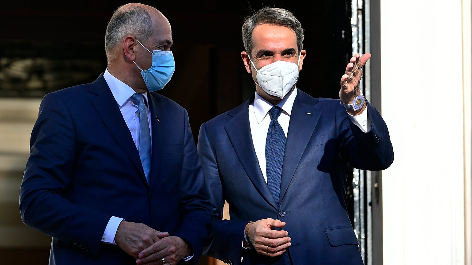 Kyriakos Mitsotakis, welcomes his Slovenian Prime Minister Janez Jansa