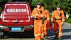 Workers take part in a search for a runaway leopard in Hangzhou