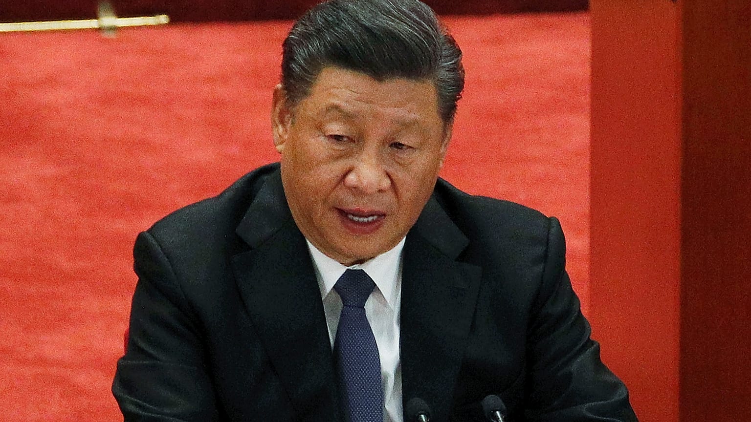Chinese President Xi Jinping delivers his speech at the commemorating conference on the 70th anniversary of the Chinese army entering North Korea to resist the U.S. army at th
