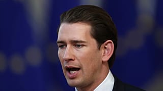 FILE: Austrian Chancellor Sebastian Kurz speaks with the media as he arrives for an EU summit in Brussels, Thursday, March 21, 2019.