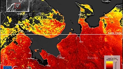 Land surface temperature around the Barents sea on Thursday May 13, reaching 30º C