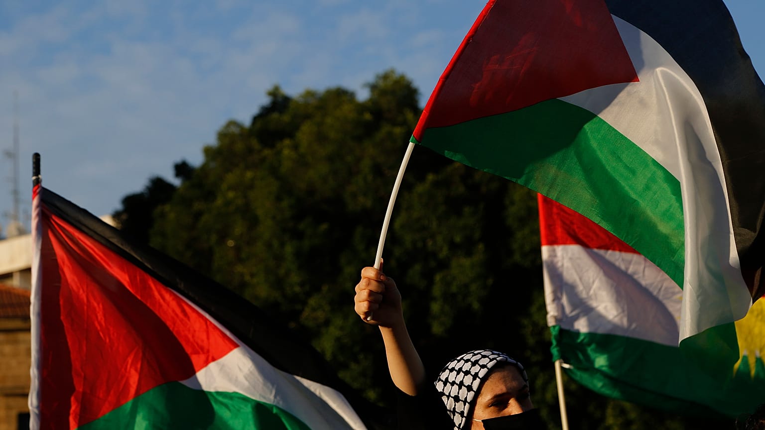 A Palestinian woman living in Cyprus waves a Palestinian flag to protest at Elephtheria, Liberty, square in capital Nicosia, Cyprus