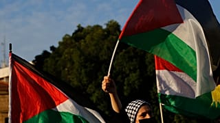 A Palestinian woman living in Cyprus waves a Palestinian flag to protest at Elephtheria, Liberty, square in capital Nicosia, Cyprus
