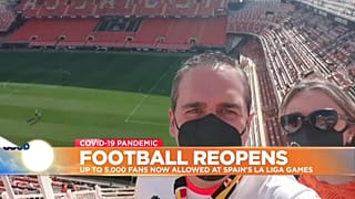 Football fans selfie at empty stadium in Valencia, Spain.