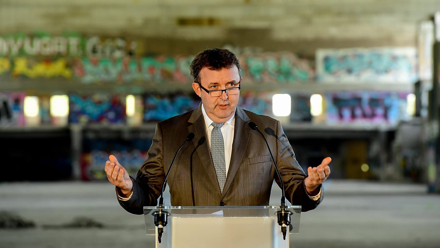 Palkovics László a Budapest Diákváros - Nagyvásártelep és környezete nemzetközi építészeti tervpályázat eredményhirdetésén a budapesti Nagyvásártelepen 2021. április 27-én. 