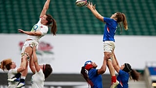 Gaelle Hermet of France catches the ball during a Women's Autumn Nations Cup rugby union international match against England on Nov. 21, 2020.