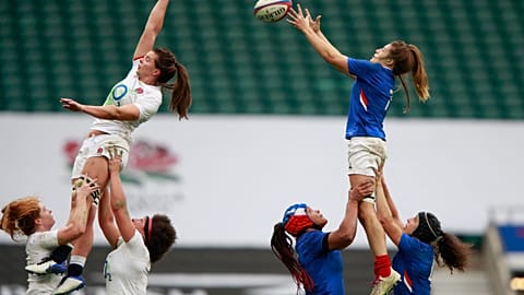 Gaelle Hermet of France catches the ball during a Women's Autumn Nations Cup rugby union international match against England on Nov. 21, 2020.