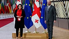 European Council President Charles Michel and Georgia's President Salome Zourabichvili pose for a photograph prior to their meeting at the European Council headquarters