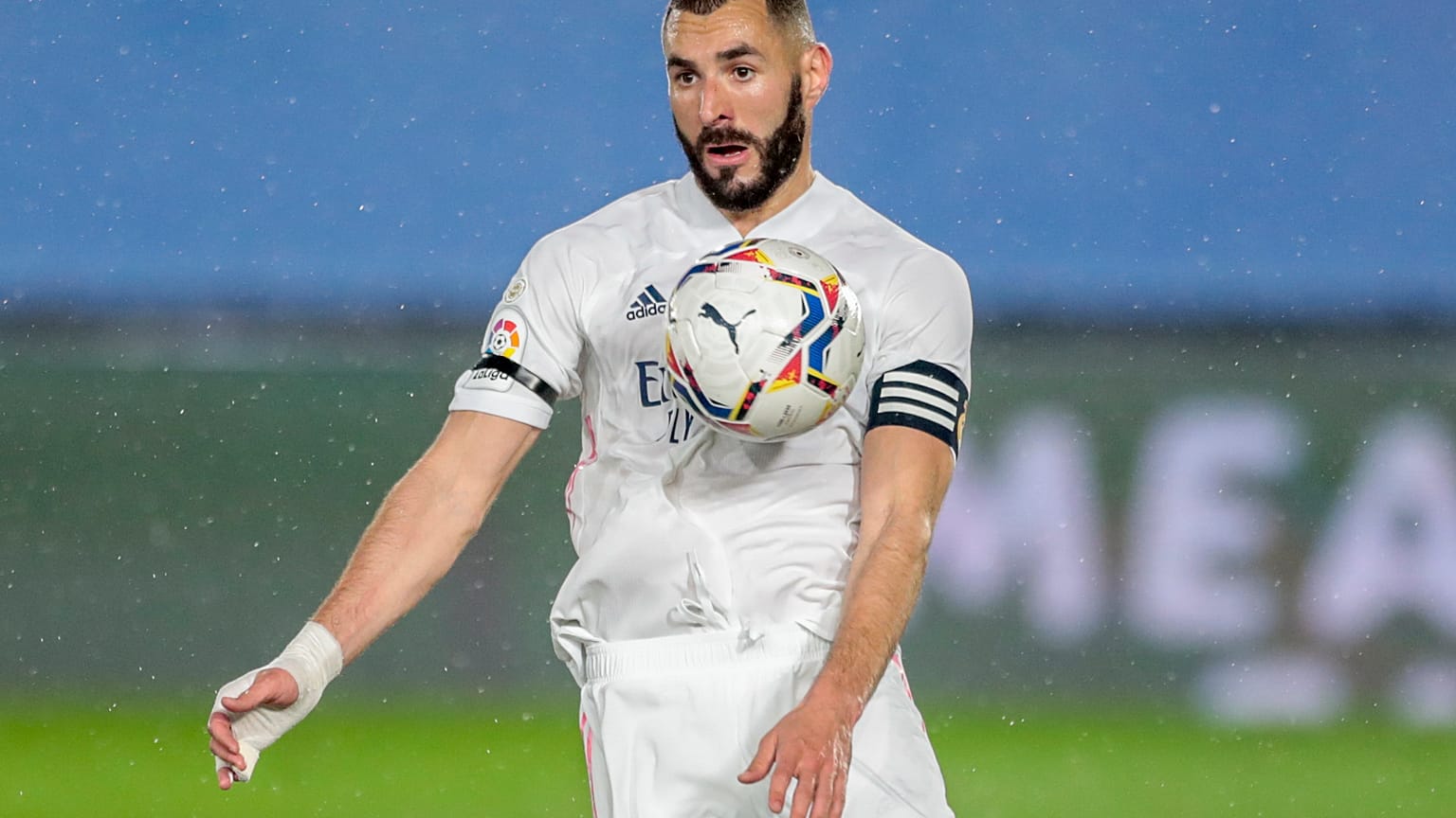 Real Madrid's Karim Benzema the Spanish La Liga match between Real Madrid and Betis in Madrid, Spain, Saturday, April 24, 2021. 