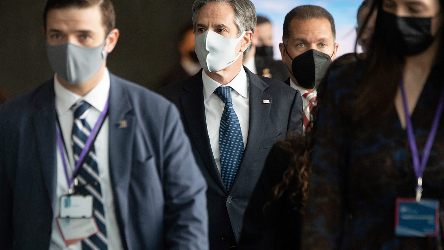 US Secretary of State Antony Blinken, centre, arrives for the Arctic Council Ministerial Meeting in Reykjavik, Iceland, Thursday, May 20, 2021. 