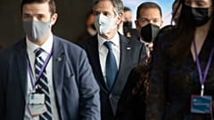 US Secretary of State Antony Blinken, centre, arrives for the Arctic Council Ministerial Meeting in Reykjavik, Iceland, Thursday, May 20, 2021. 