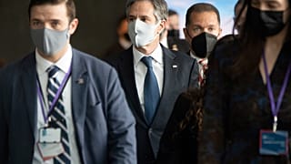 US Secretary of State Antony Blinken, centre, arrives for the Arctic Council Ministerial Meeting in Reykjavik, Iceland, Thursday, May 20, 2021.
