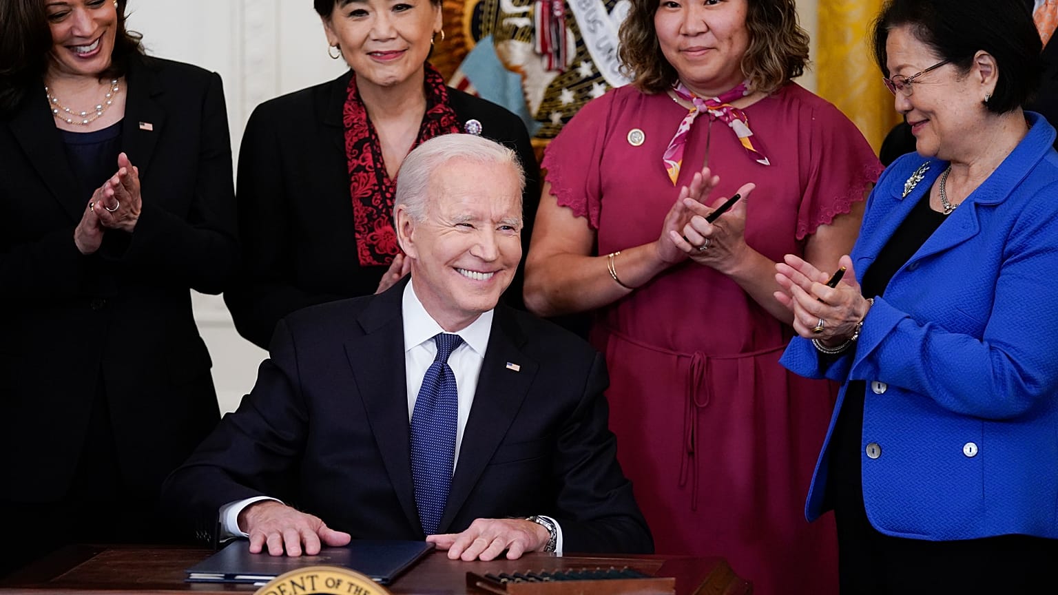 President Joe Biden smiles after signing the COVID-19 Hate Crimes Act, in the East Room of the White House, Thursday, May 20, 2021, in Washington.