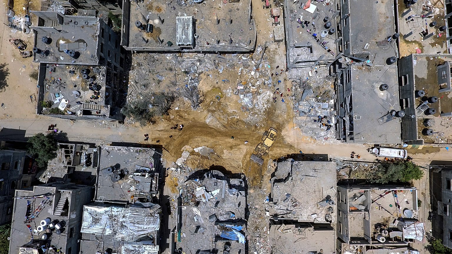 صورة جوية التقطتفي 21 آيار /  مايو 2021، حي في بيت حانون شمال قطاع غزة، استُهدف بغارات جوية إسرائيلية