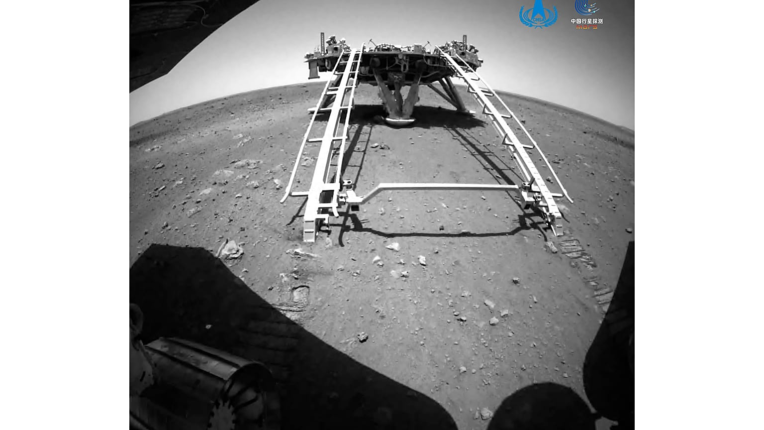 A landing platform and the surface of Mars are seen from a camera on the Chinese Mars rover Zhurong.