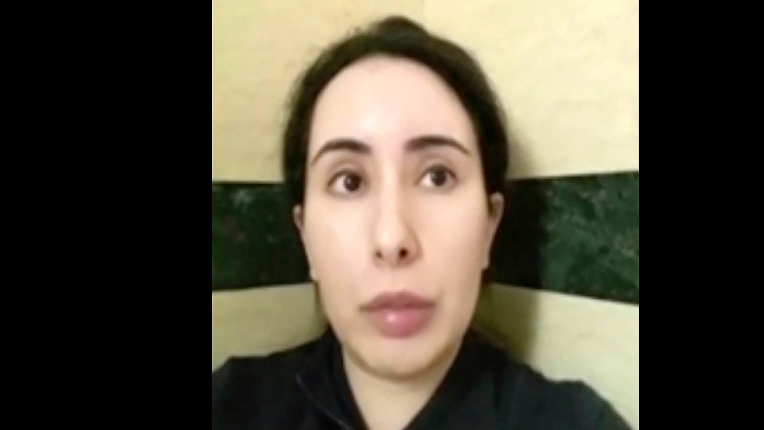 Image from a video in an unknown location shows Sheikha Latifa bint Mohammed Al Maktoum, who says she is being held against her will in February 2021.