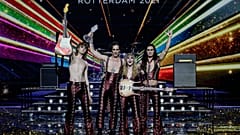 Maneskin from Italy celebrate with the trophy after winning the Grand Final of the Eurovision Song Contest at Ahoy arena in Rotterdam, Netherlands, Saturday, May 22, 2021. 