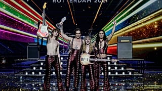 Maneskin from Italy celebrate with the trophy after winning the Grand Final of the Eurovision Song Contest at Ahoy arena in Rotterdam, Netherlands, Saturday, May 22, 2021.
