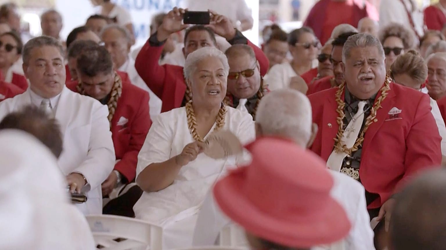 Prime Minister-elect Fiame Naomi Mata’afa with her supporters Monday, May 24, 2021, in Apia, Samoa. 