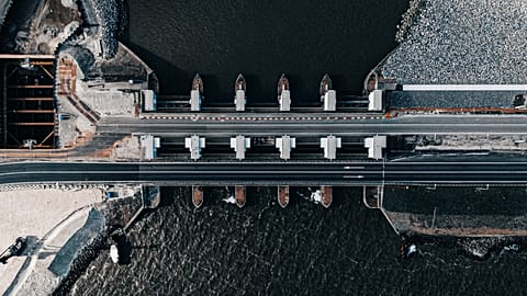 An aerial view of Afsluitdijk, den Oever, Netherlands. 