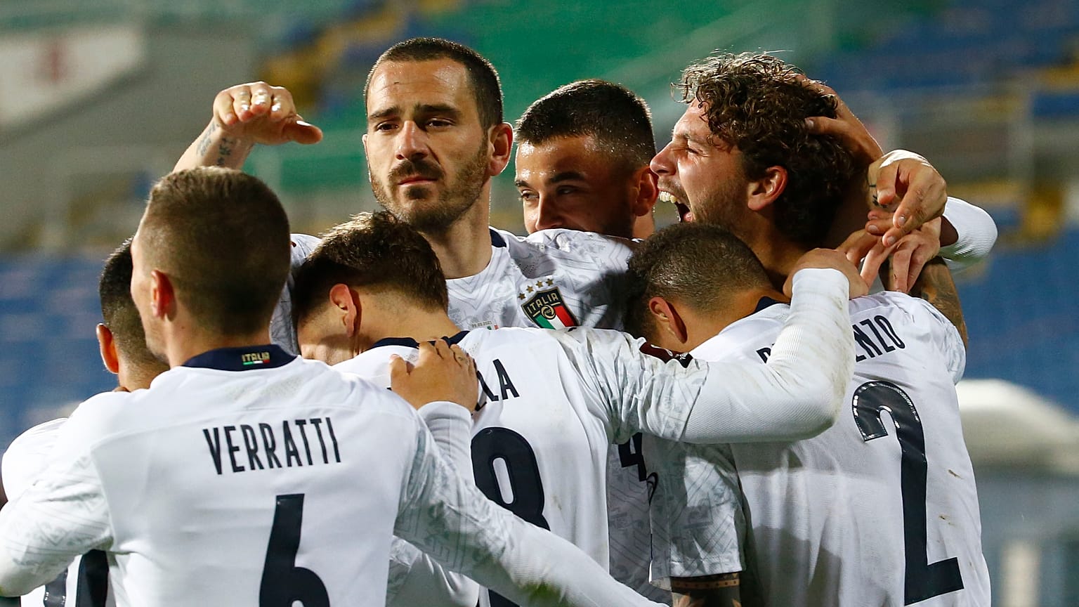 Italy celebrates Manuel Locatelli's goal during their 2022 FIFA World Cup qualifying match against Bulgaria.