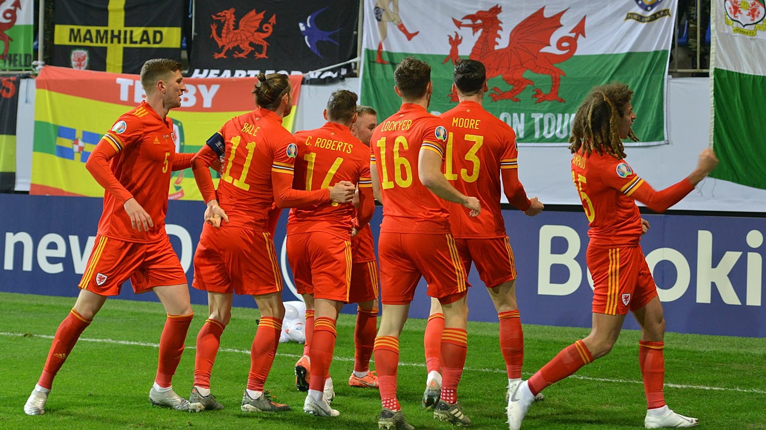 Wales' players celebrate after scoring the opening goal during their UEFA Euro 2020 qualifying match against Azerbaijan.