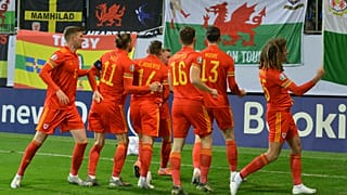 Wales' players celebrate after scoring the opening goal during their UEFA Euro 2020 qualifying match against Azerbaijan.