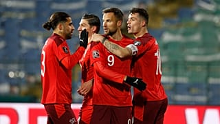 Switzerland celebrates Haris Seferovic's goal during their 2022 FIFA World Cup qualifying match against Bulgaria.