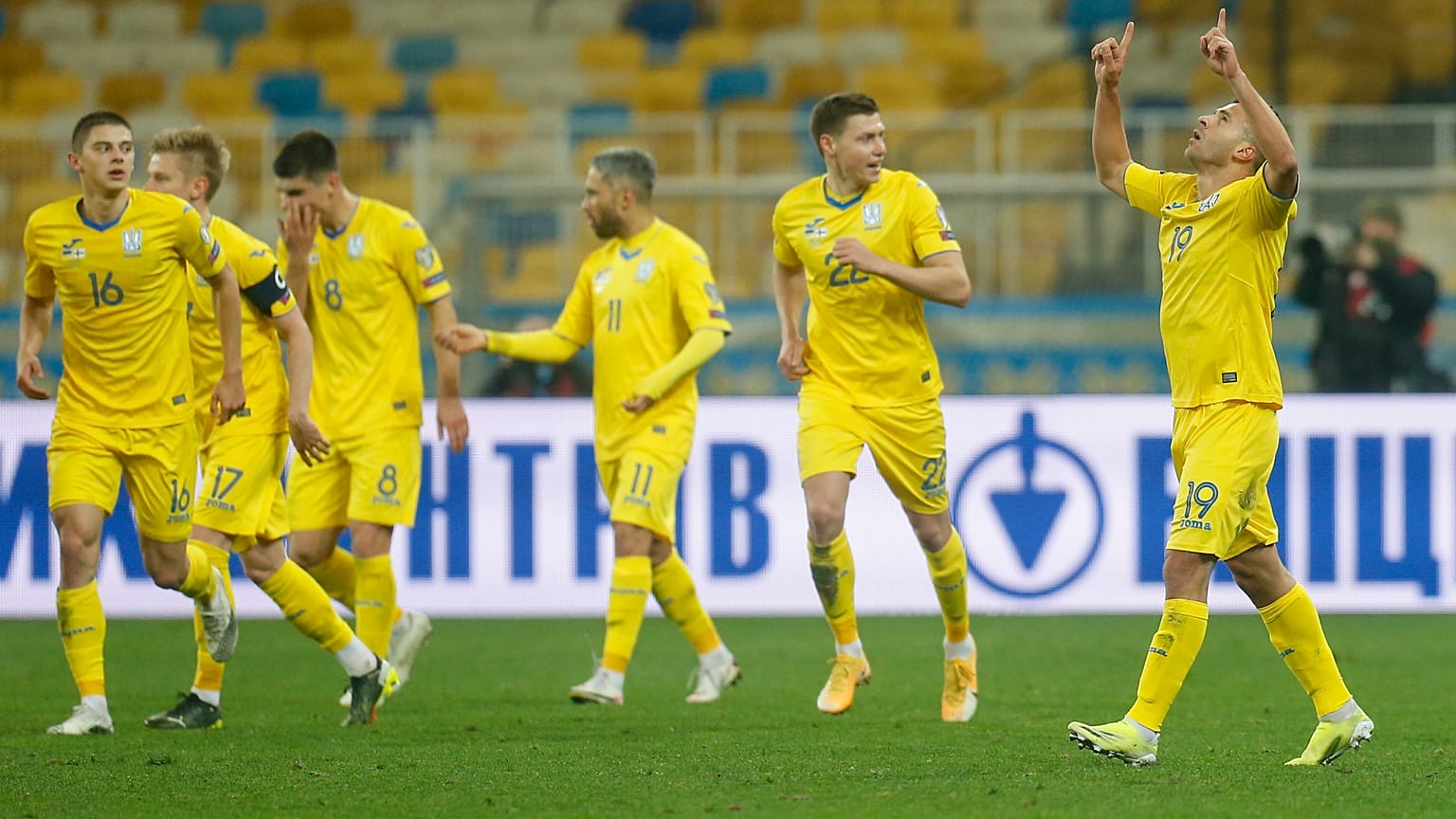 Ukraine's Junior Moraes celebrates after scoring his team's first goal during their 2022 FIFA World Cup qualifying match against Finland.
