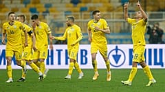 Ukraine's Junior Moraes celebrates after scoring his team's first goal during their 2022 FIFA World Cup qualifying match against Finland.