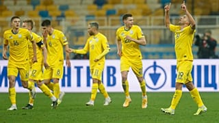 Ukraine's Junior Moraes celebrates after scoring his team's first goal during their 2022 FIFA World Cup qualifying match against Finland.