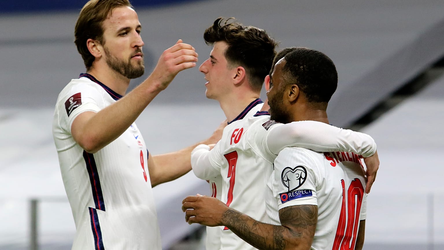 England's players celebrate during their 2022 FIFA World Cup qualifying match against Albania. 