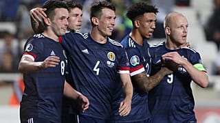 Scotland's players celebrate during their UEFA Euro 2020 qualifying match against Cyprus in November 2019.