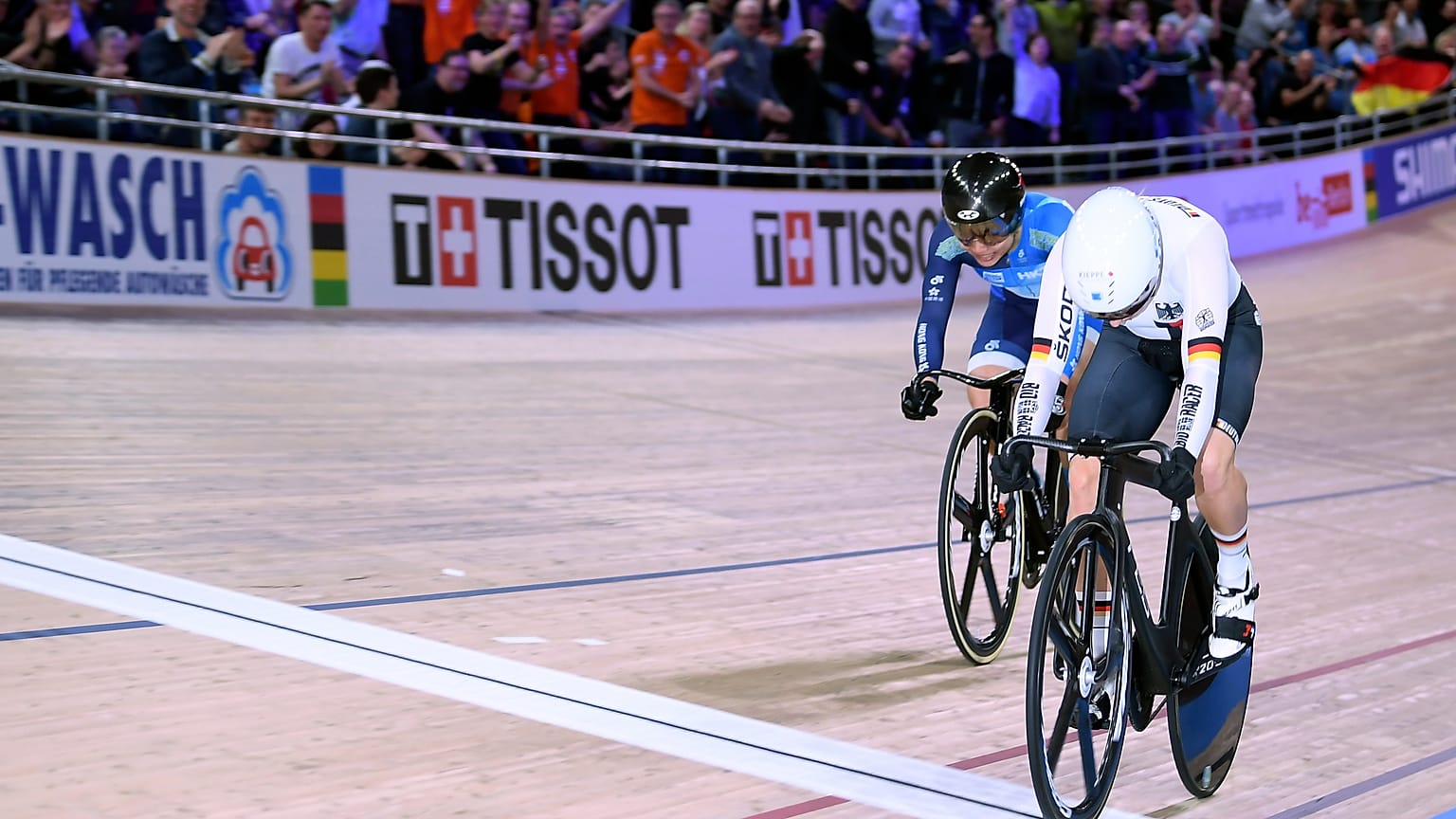 Germany's Emma Hinze (R) wins ahead of Hong Kong's Wai Sze Lee during the Women's speed semifinal during the Cycling World Championship in Berlin, Germany, Feb 28, 2020.