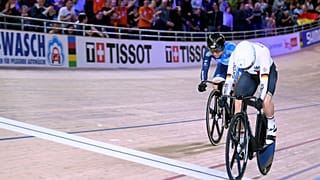 Germany's Emma Hinze (R) wins ahead of Hong Kong's Wai Sze Lee during the Women's speed semifinal during the Cycling World Championship in Berlin, Germany, Feb 28, 2020.