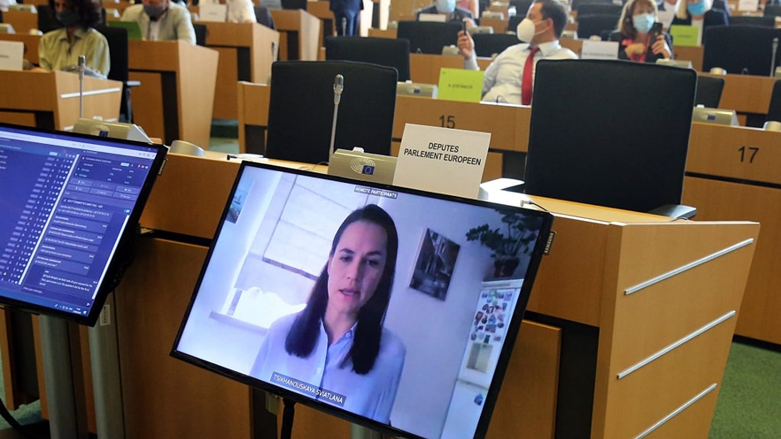 SvetlanaTikhanovskaya during the EU Parliament's hearing 