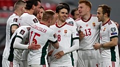 Hungary players celebrates during the 2022 FIFA World Cup qualifying match against Poland. 