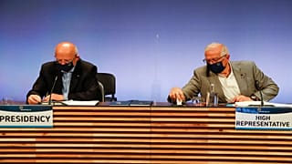 الممثل الأعلى للأمن والسياسة الخارجية بالاتحاد الأوروبي، جوزيب بوريل ووزير خارجية البرتغال، أوغستو سانتوس سيلفا، لشبونة،27 أيار/مايو 2021