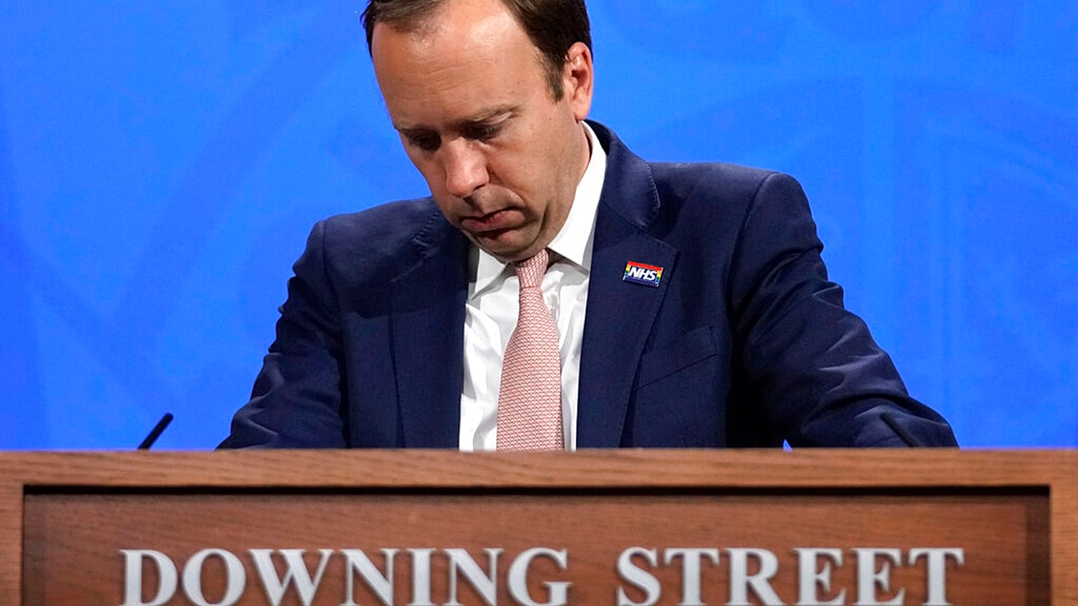 Britain's Health Secretary Matt Hancock speaks during a coronavirus media briefing in Downing Street in London