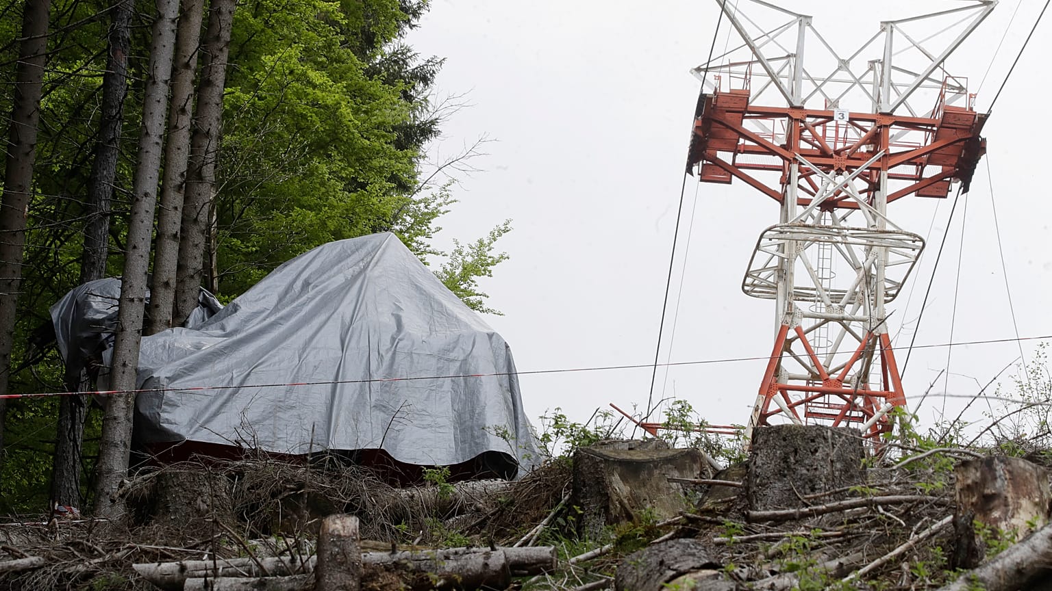 The wreckage of the cable car after it collapsed near the summit of the Stresa-Mottarone line in May.