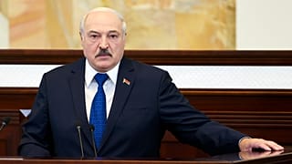 In this Wednesday, May 26, 2021, file photo, Belarusian President Alexander Lukashenko addresses Parliament in Minsk, Belarus. 