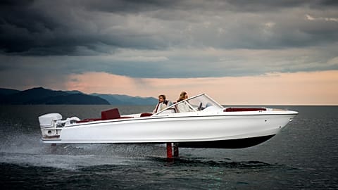 Swedish company Candela Speed Boat displays a hydrofoil 'flying boat'.