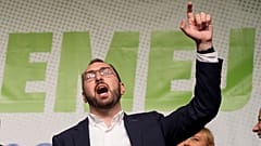 Tomislav Tomasevic celebrates at his electoral headquarters in Zagreb, Croatia
