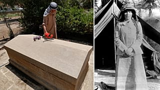 غرترود بيل الملقبة بـ "والدة العراق الحديث" (يمين) وعلى منصور المسؤول عن مكان دفنها في بغداد (يسار)